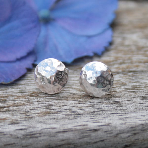 Sterling silver domed studs, hammered silver circle studs