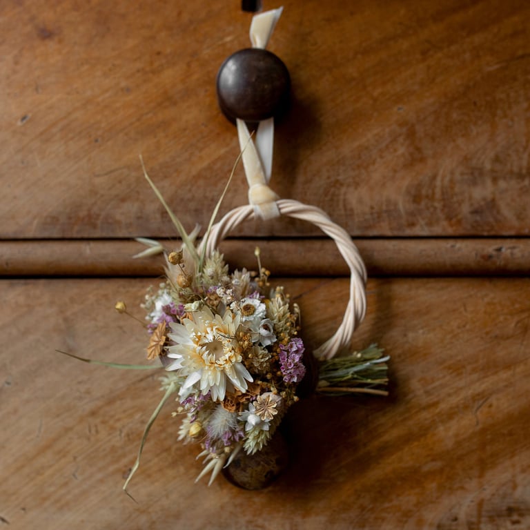 Mini dried flower pink and white wreath hanging