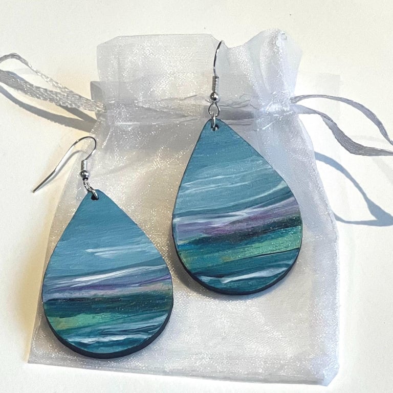 Painted Wooden Earrings, Wooden Gifts, Coastal Jewellery, Sea Painting, Art
