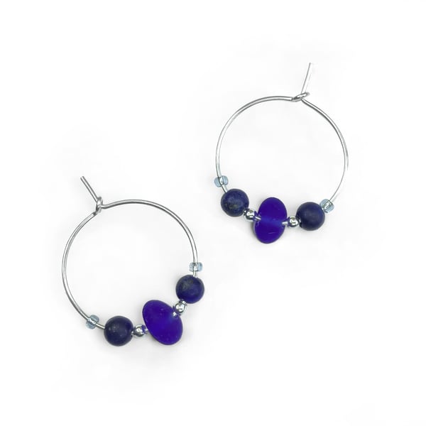 Sea Glass Hoop Earrings. Small Blue Sterling Silver Lapis Lazuli Beaded Hoops