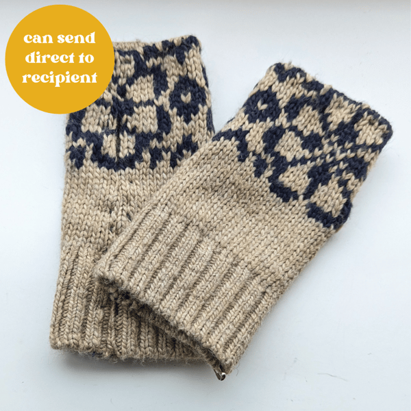 Snuggly Fawn Wrist Warmers navy detail Upcycled from Soft wool mix nordic jumper