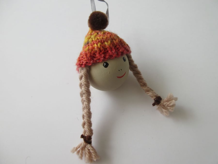Bobble Hat Christmas Folk Bauble Hanging Tree Decoration in Woolly Hat