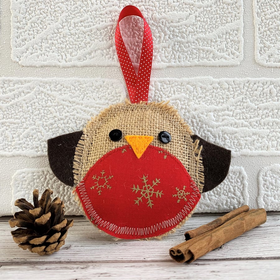 Rustic Christmas robin hanging decoration with red and gold snowflake print