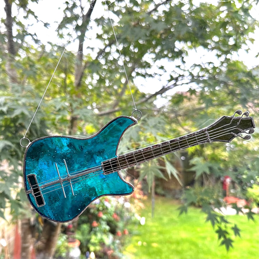 Stained Glass Bass Guitar Suncatcher - Handmade Hanging Decoration - Turquoise 