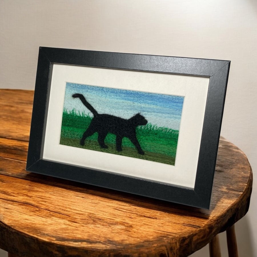 Textile art, Black cat strolling, needle felt silk and wool picture,6 x 4