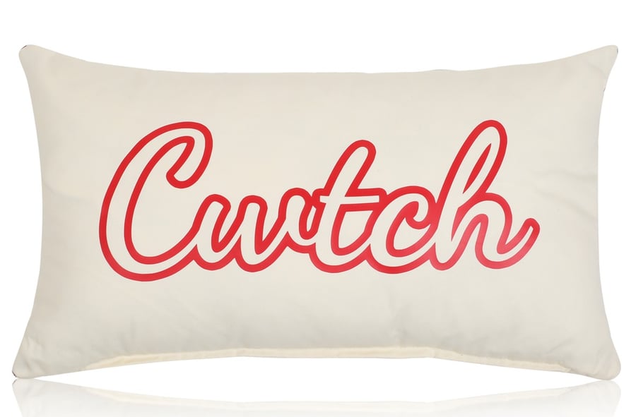 Welsh CWTCH Cushion 50cm x 30cm bolster size filled in cream and red