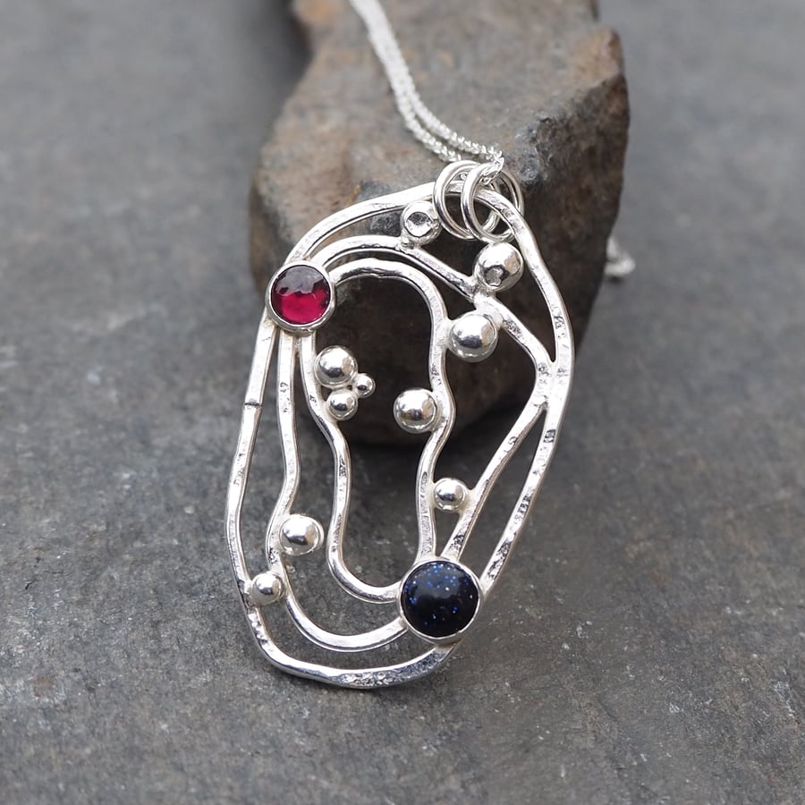 Silver Necklace Pendant, silver pendant with garnet and blue goldstone