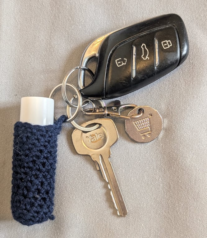 Crochet lip balm holder keychain, bag charm, handmade, keyring accessory - navy