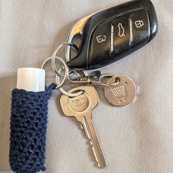 Crochet lip balm holder keychain, bag charm, handmade, keyring accessory - navy
