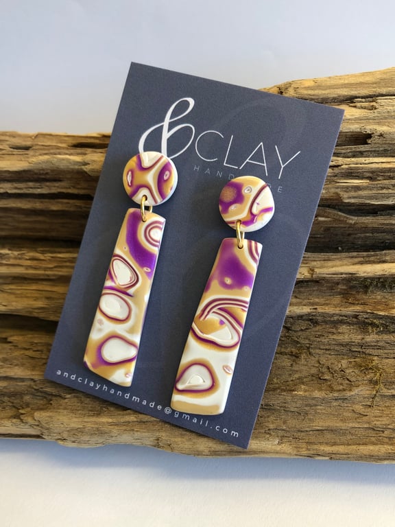 Purple, Gold and White Mokume Gane Polymer Clay Drop Earrings