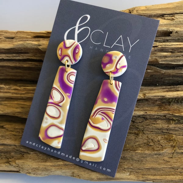 Purple, Gold and White Mokume Gane Polymer Clay Drop Earrings