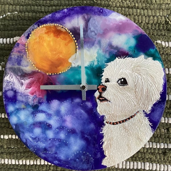 Maltese dog ‘ moon dream ‘ wall clock hand painted 