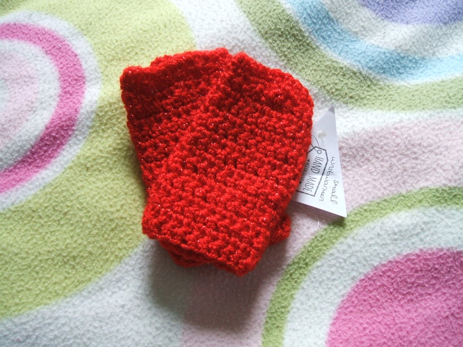 Sparkly red crocheted wrist warmers - children's size