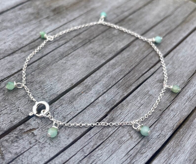 Sterling Silver Emerald Gemstone Charm Bracelet 