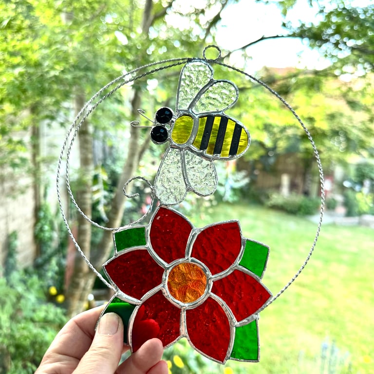 Stained Glass Bee and Flower Suncatcher - Handmade Window Decoration 