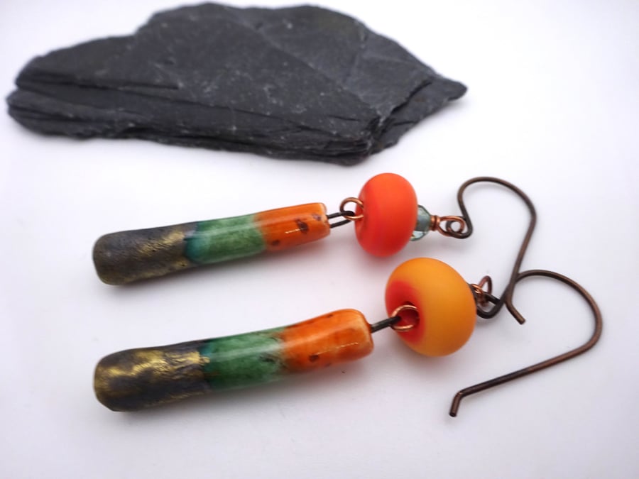 orange lampwork glass and ceramic earrings