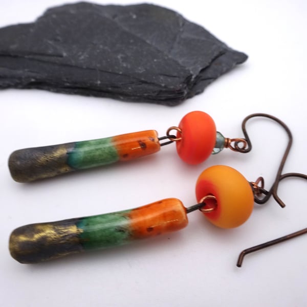 orange lampwork glass and ceramic earrings