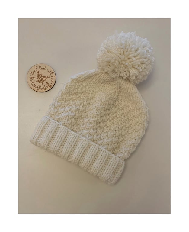 Made To Order Handknitted Mossy Pom Pom Hat 5 sizes. Any colour.