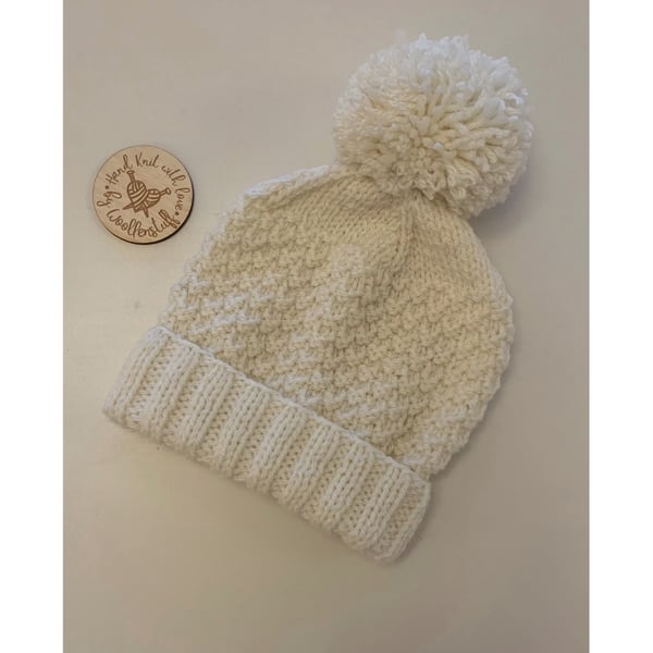 Made To Order Handknitted Mossy Pom Pom Hat 5 sizes. Any colour.