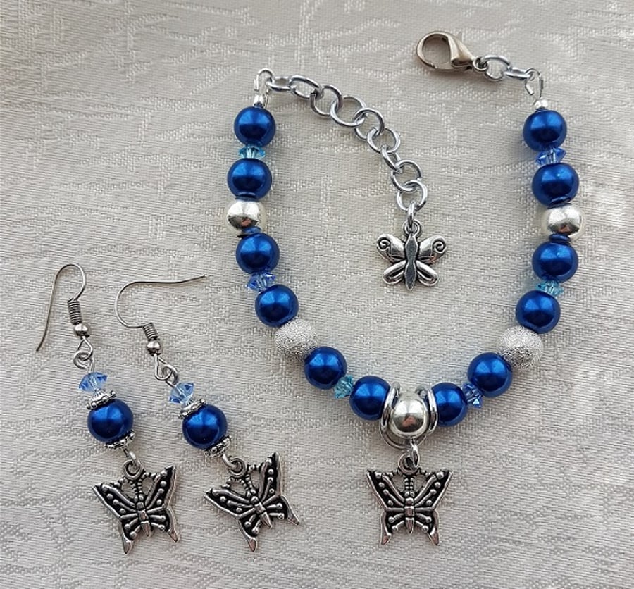 Blue glass pearls and Butterflies Bracelet and Earring set