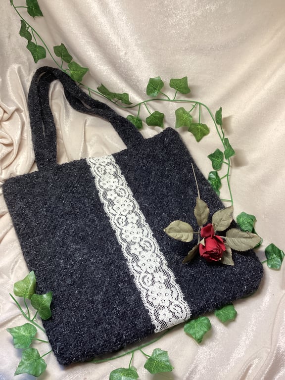 Hand Knitted Black Sparkly Tote bag with Vintage Lace Detail. OOAK. Free Postage