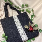 Hand Knitted Black Sparkly Tote bag with Vintage Lace Detail. OOAK. Free Postage