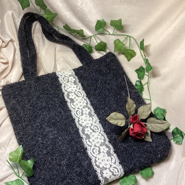 Hand Knitted Black Sparkly Tote bag with Vintage Lace Detail. OOAK. Free Postage