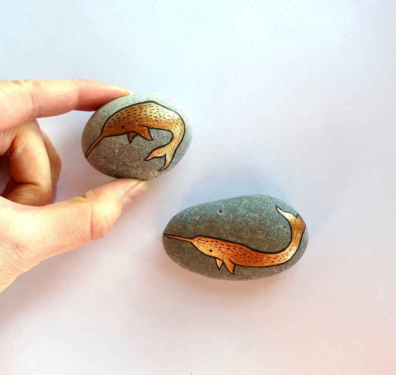 Copper Narwhal Stone, Handpainted Real River Rock Art, Cute Sea Creature