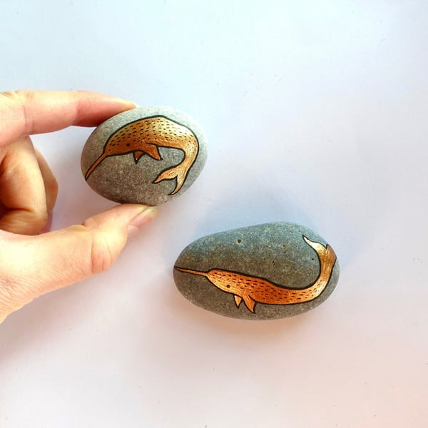 Copper Narwhal Stone, Handpainted Real River Rock Art, Cute Sea Creature