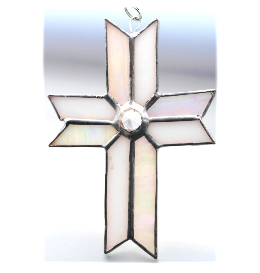 Cross Suncatcher Stained Glass Handmade white Crystal 042