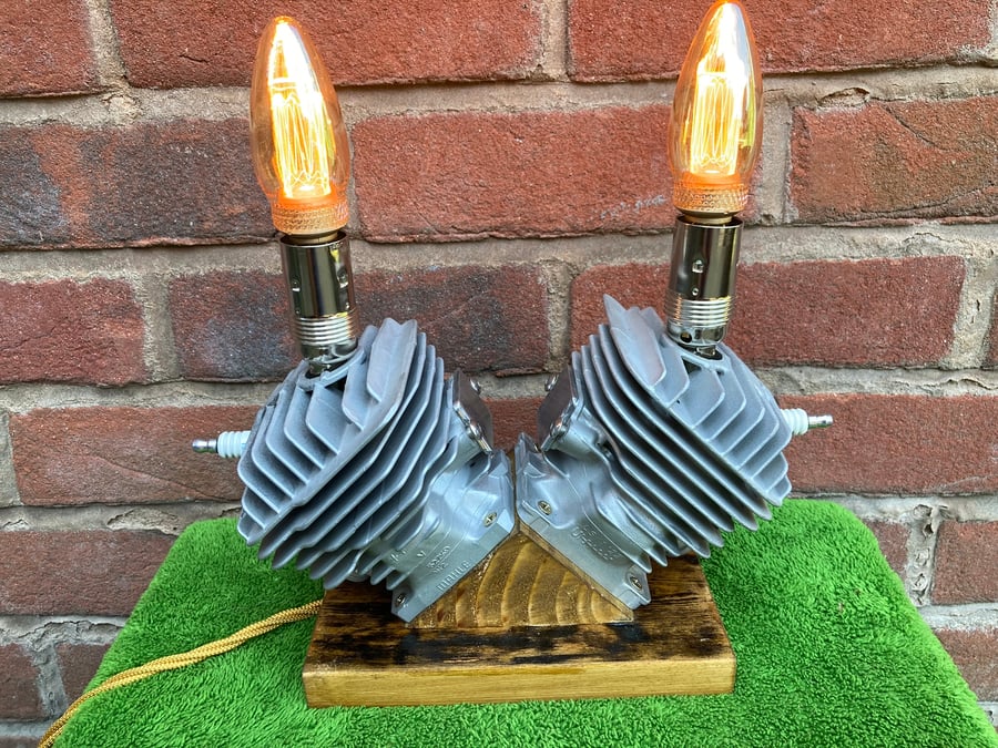 Engine Table Lamp, Two Chainsaw Cylinders arranged like a V-Twin