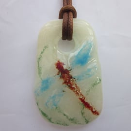 Handmade cast glass pendant - Stippled pastel dragonfly