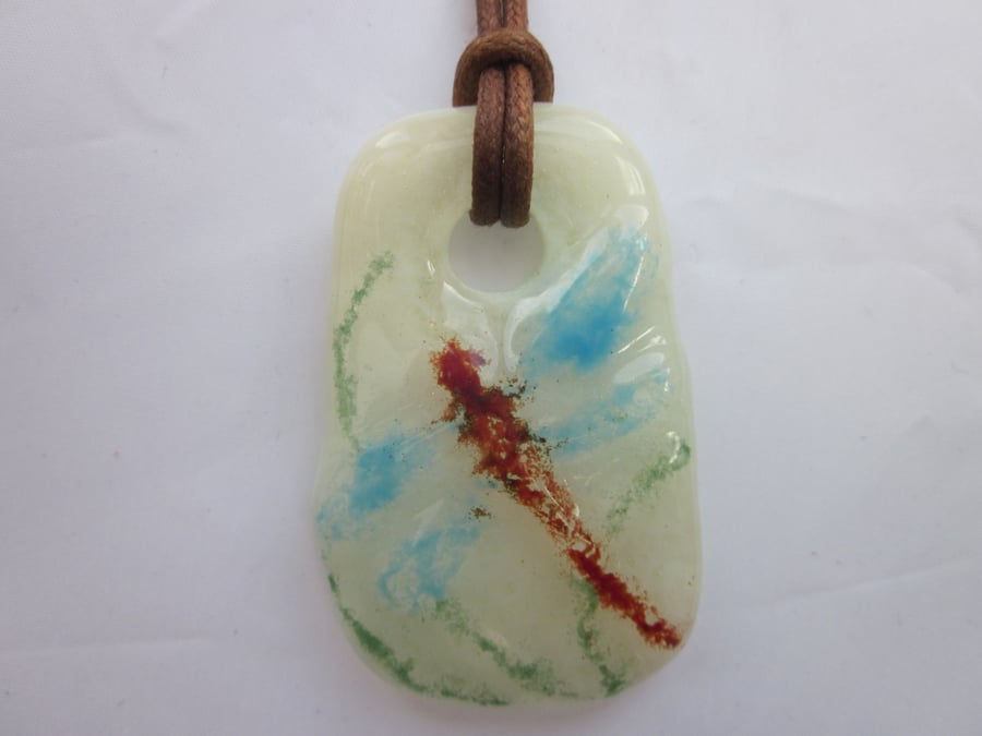 Handmade cast glass pendant - Stippled pastel dragonfly