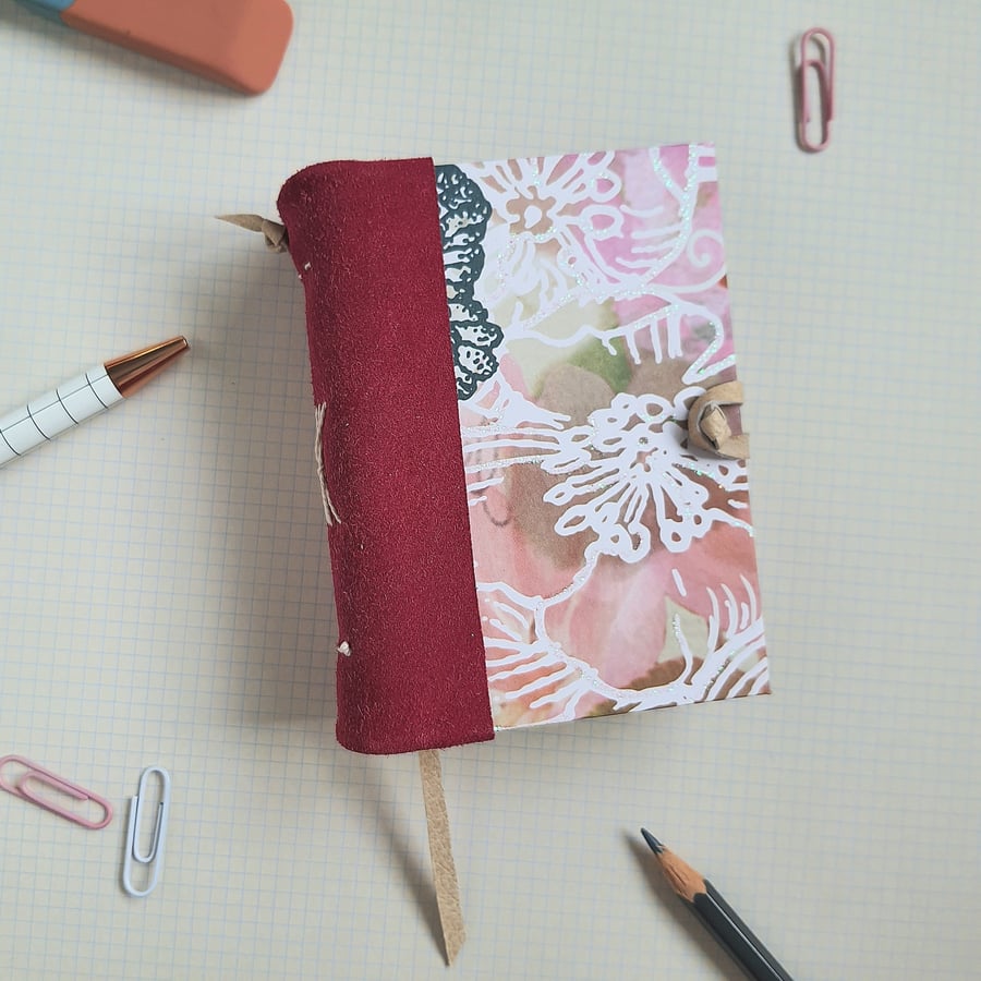 A7 notebook, handmade journal, hand bound, pink leather spine with floral cover