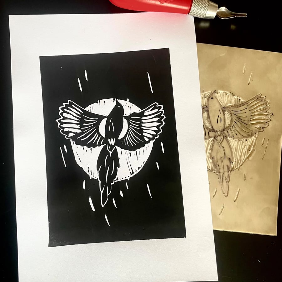 Magpie Linocut Print (A5 paper, black and white)