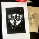 Magpie Linocut Print (A5 paper, black and white)