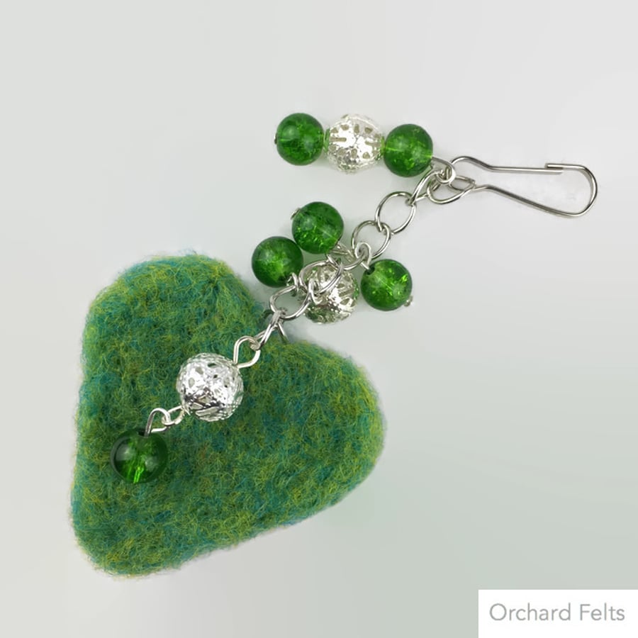 Bag charm or accessory, green needle felted heart with beaded detail, decoration