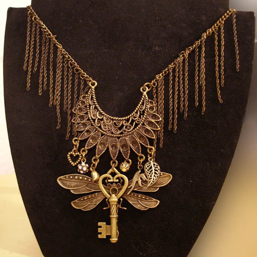 steampunk antique firefly key charm necklace