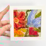 Mounted embroidered flower wet felted artwork, wall art. 