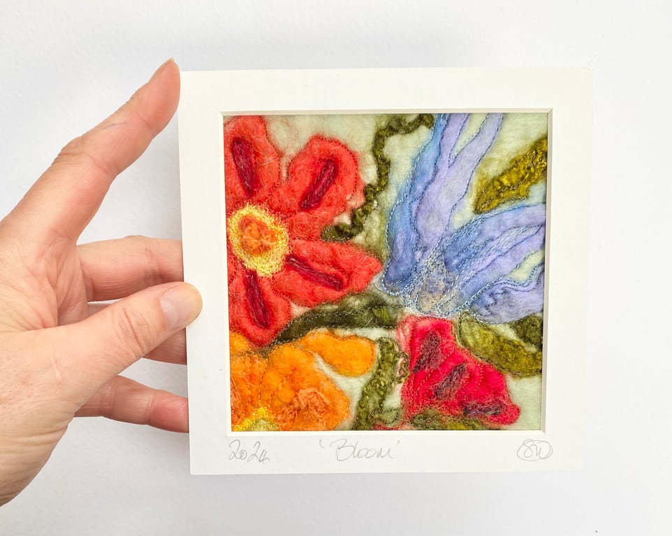 Mounted embroidered flower wet felted artwork, wall art. 