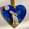 White Moon Gazing Hare & Full Moon Handcrafted Hanging Heart Decoration