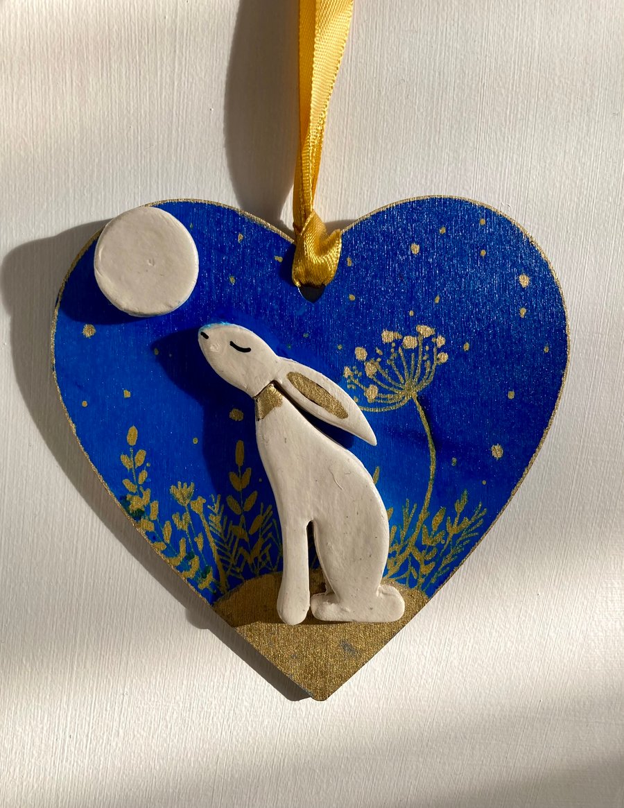White Moon Gazing Hare & Full Moon Handcrafted Hanging Heart Decoration