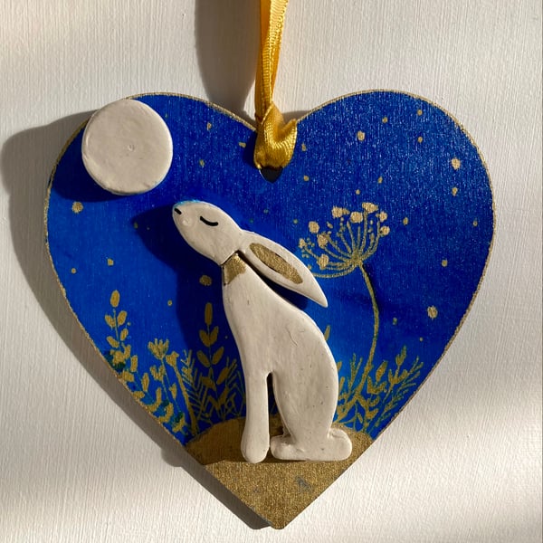 White Moon Gazing Hare & Full Moon Handcrafted Hanging Heart Decoration