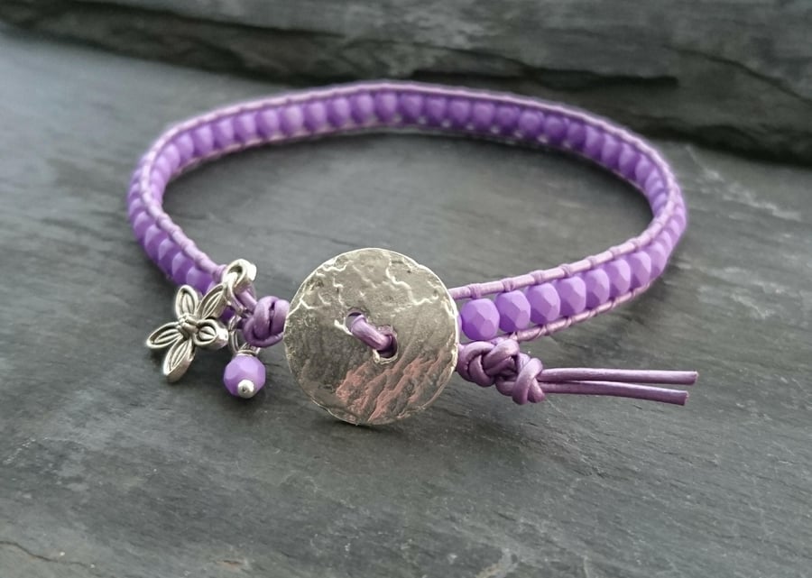 Purple metallic leather and glass bead bracelet