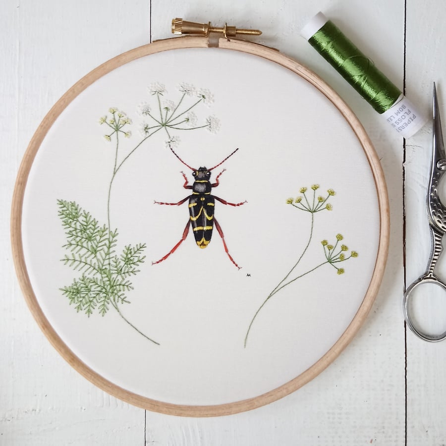 Hand Embroidered Silk Wasp Beetle with Cow Parsley