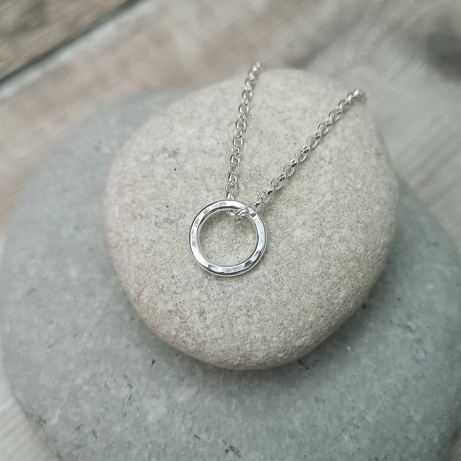 Small Circle Necklace, Silver Circle Necklace, Hammered Necklace - NEK054