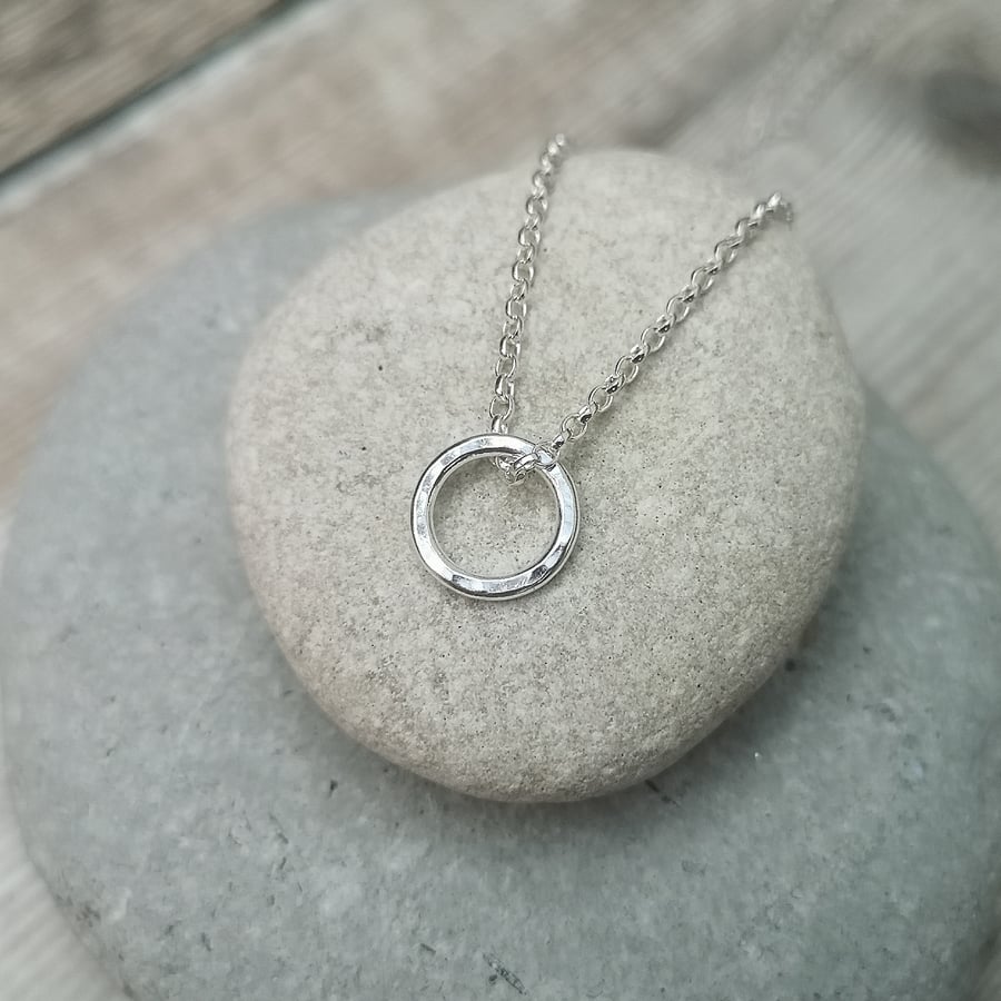 Small Circle Necklace, Silver Circle Necklace, Hammered Necklace - JBJ2019