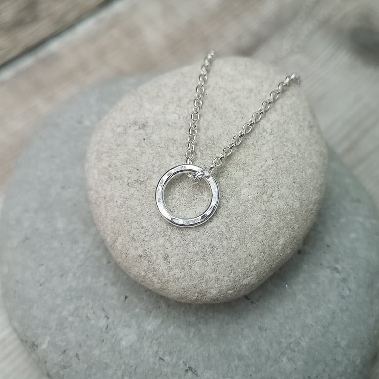 Small Circle Necklace, Silver Circle Necklace, Hammered Necklace - JBJ2019