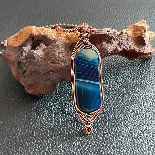 Blue Banded Agate Patinated Copper Pendant 