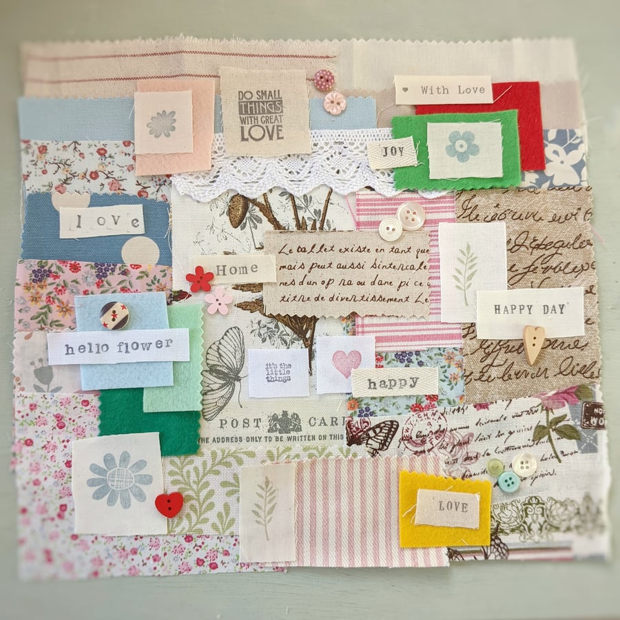 Mindful Slow Stitching Kit, Fabric, Words and Buttons Bundle Vintage 